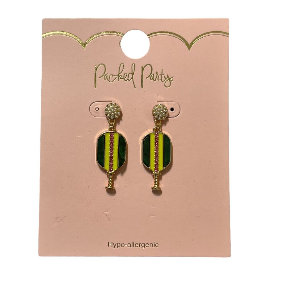 Packed Party Earrings Pickle ball Dangle Pickleball Gold Tone Enamel 1.75" New
